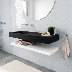 MONDIAZ ALAN badmeubel 120 solid surface planchet talc vrijhangend wastafel links zonder kraangat zwart