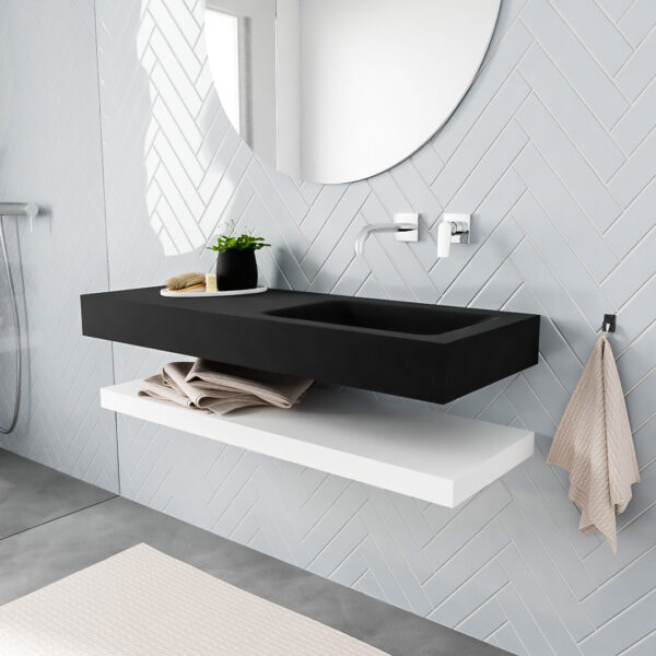 MONDIAZ ALAN badmeubel 120 solid surface planchet talc vrijhangend wastafel rechts zonder kraangat zwart