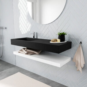 MONDIAZ ALAN badmeubel 120 solid surface planchet talc vrijhangend wastafel links 1 kraangat zwart