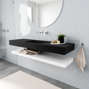 MONDIAZ ALAN badmeubel 150 solid surface planchet talc vrijhangend wastafel midden zonder kraangat zwart