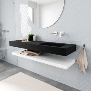 MONDIAZ ALAN badmeubel 150 solid surface planchet talc vrijhangend wastafel rechts zonder kraangat zwart