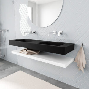 MONDIAZ ALAN badmeubel 150 solid surface planchet talc vrijhangend wastafel dubbel zonder kraangat zwart