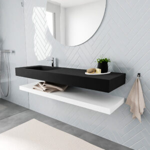 MONDIAZ ALAN badmeubel 150 solid surface planchet talc vrijhangend wastafel links 1 kraangat zwart