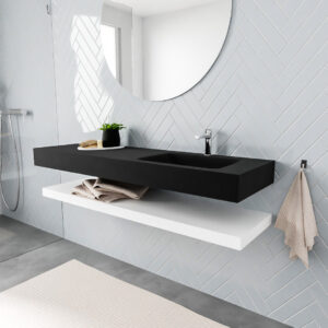 MONDIAZ ALAN badmeubel 150 solid surface planchet talc vrijhangend wastafel rechts 1 kraangat zwart