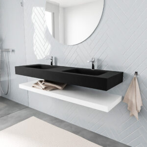 MONDIAZ ALAN badmeubel 150 solid surface planchet talc vrijhangend wastafel dubbel 2 kraangaten zwart