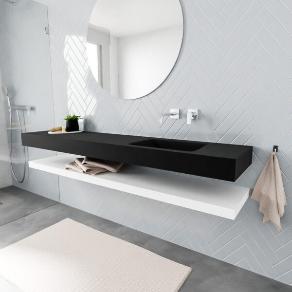 MONDIAZ ALAN badmeubel 200 solid surface planchet talc vrijhangend wastafel rechts zonder kraangat zwart