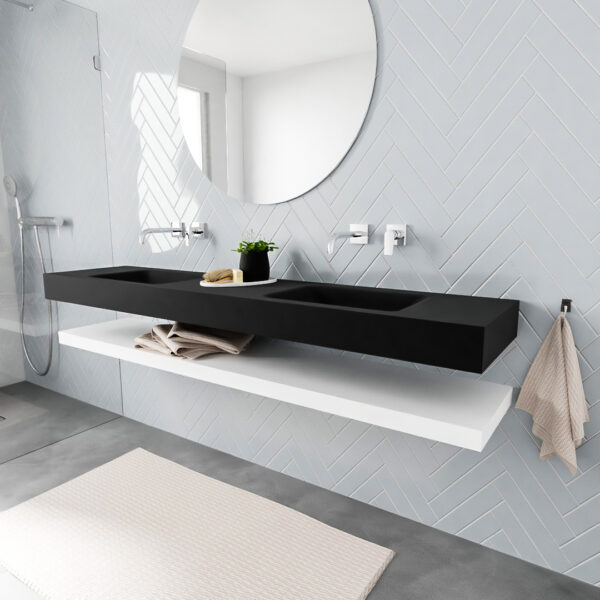 MONDIAZ ALAN badmeubel 200 solid surface planchet talc vrijhangend wastafel dubbel zonder kraangat zwart