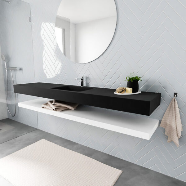 MONDIAZ ALAN badmeubel 200 solid surface planchet talc vrijhangend wastafel midden 1 kraangat zwart