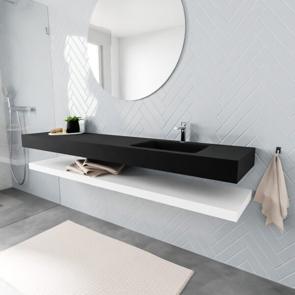 MONDIAZ ALAN badmeubel 200 solid surface planchet talc vrijhangend wastafel rechts 1 kraangat zwart