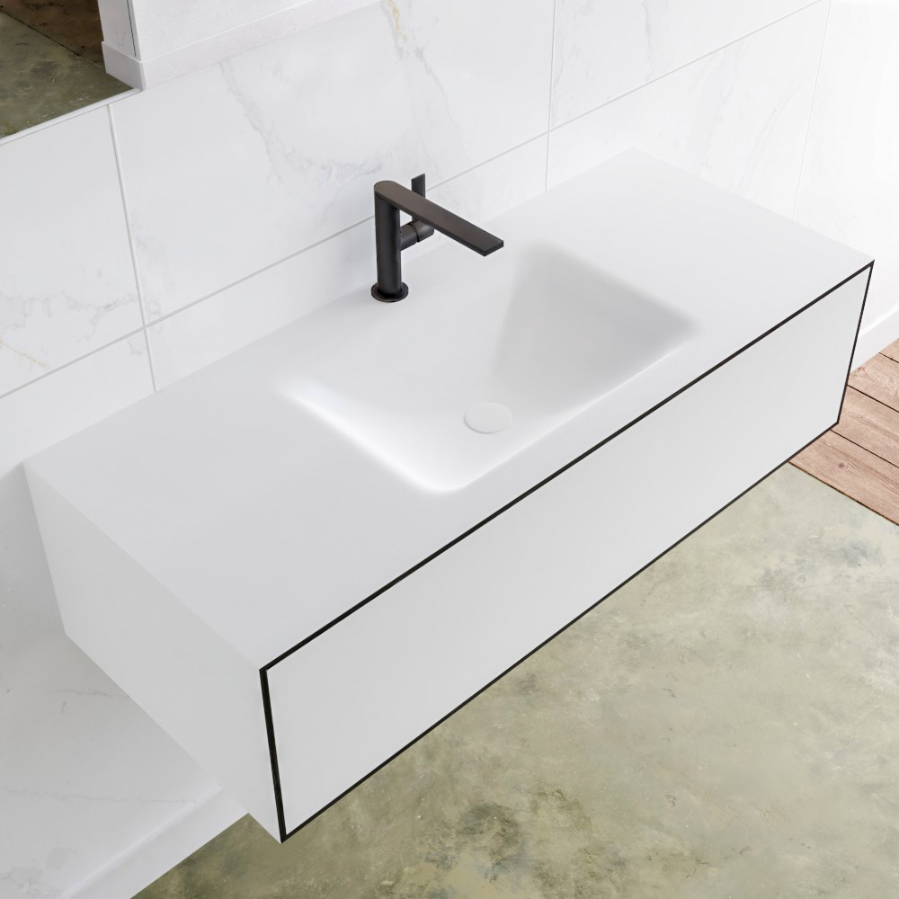 MONDIAZ LAGOM 110 badmeubel solid surface urban 1 lade CLOUD midden 1 kraangat