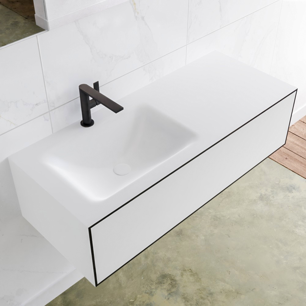 MONDIAZ LAGOM 110 badmeubel solid surface urban 1 lade CLOUD links 1 kraangat