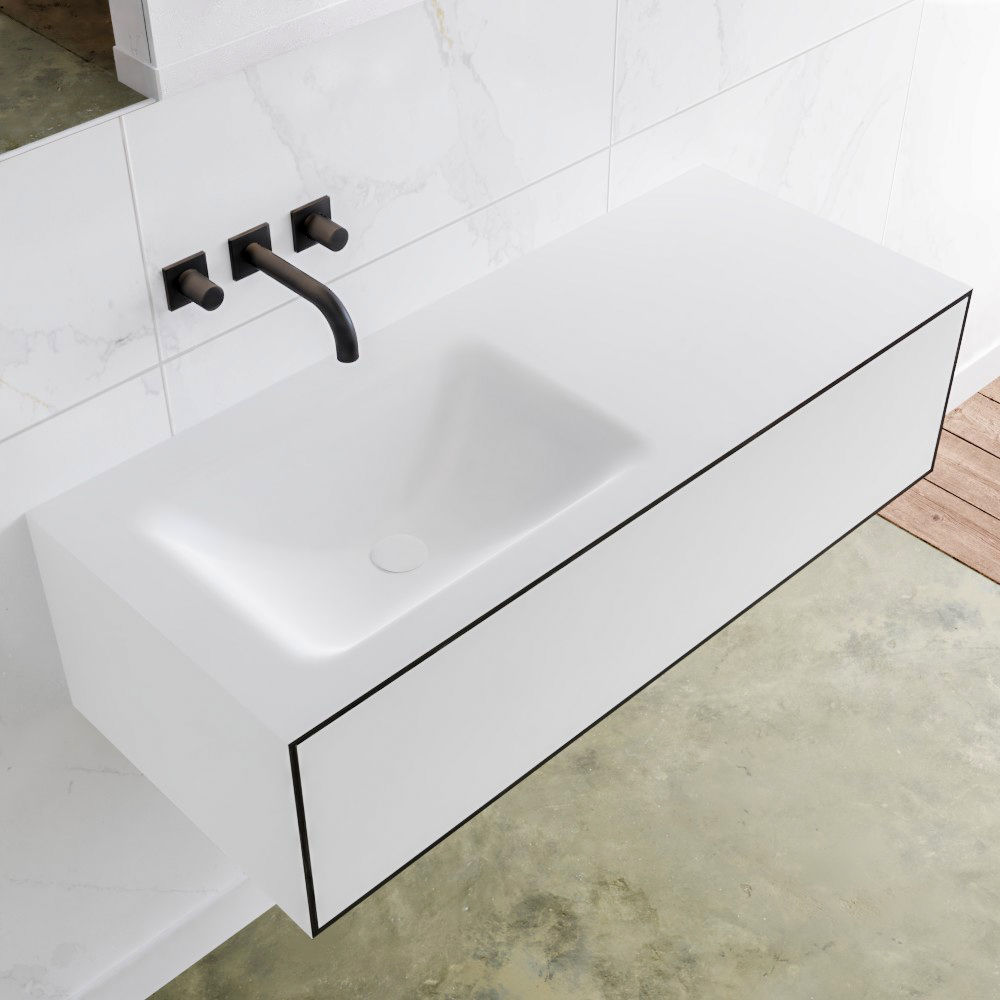 MONDIAZ LAGOM 110 badmeubel solid surface urban 1 lade CLOUD links 0 kraangaten