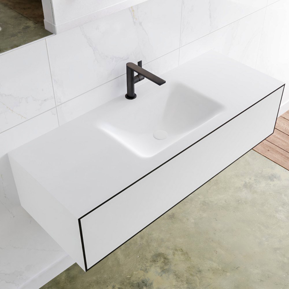 MONDIAZ LAGOM 120 badmeubel solid surface urban 1 lade CLOUD midden 1 kraangat
