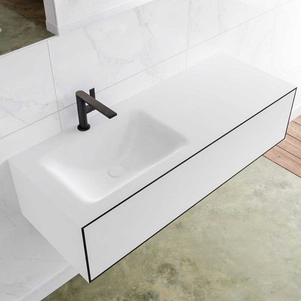 MONDIAZ LAGOM 120 badmeubel solid surface urban 1 lade CLOUD links 1 kraangat