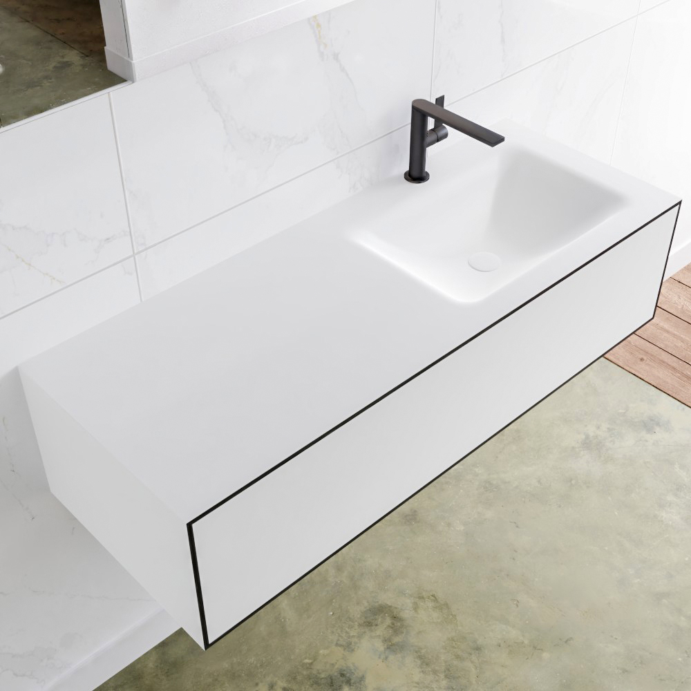 MONDIAZ LAGOM 120 badmeubel solid surface urban 1 lade CLOUD rechts 1 kraangat