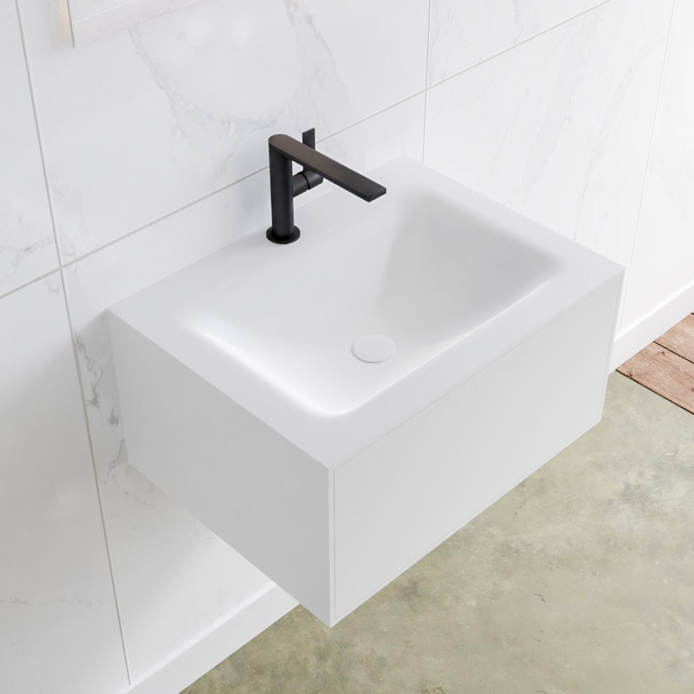 MONDIAZ LAGOM 60 badmeubel solid surface talc 1 lade CLOUD midden 1 kraangat