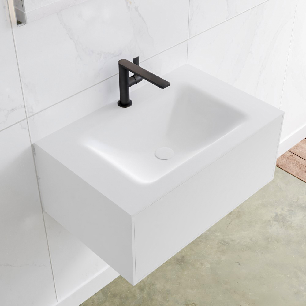 MONDIAZ LAGOM 70 badmeubel solid surface talc 1 lade CLOUD midden 1 kraangat