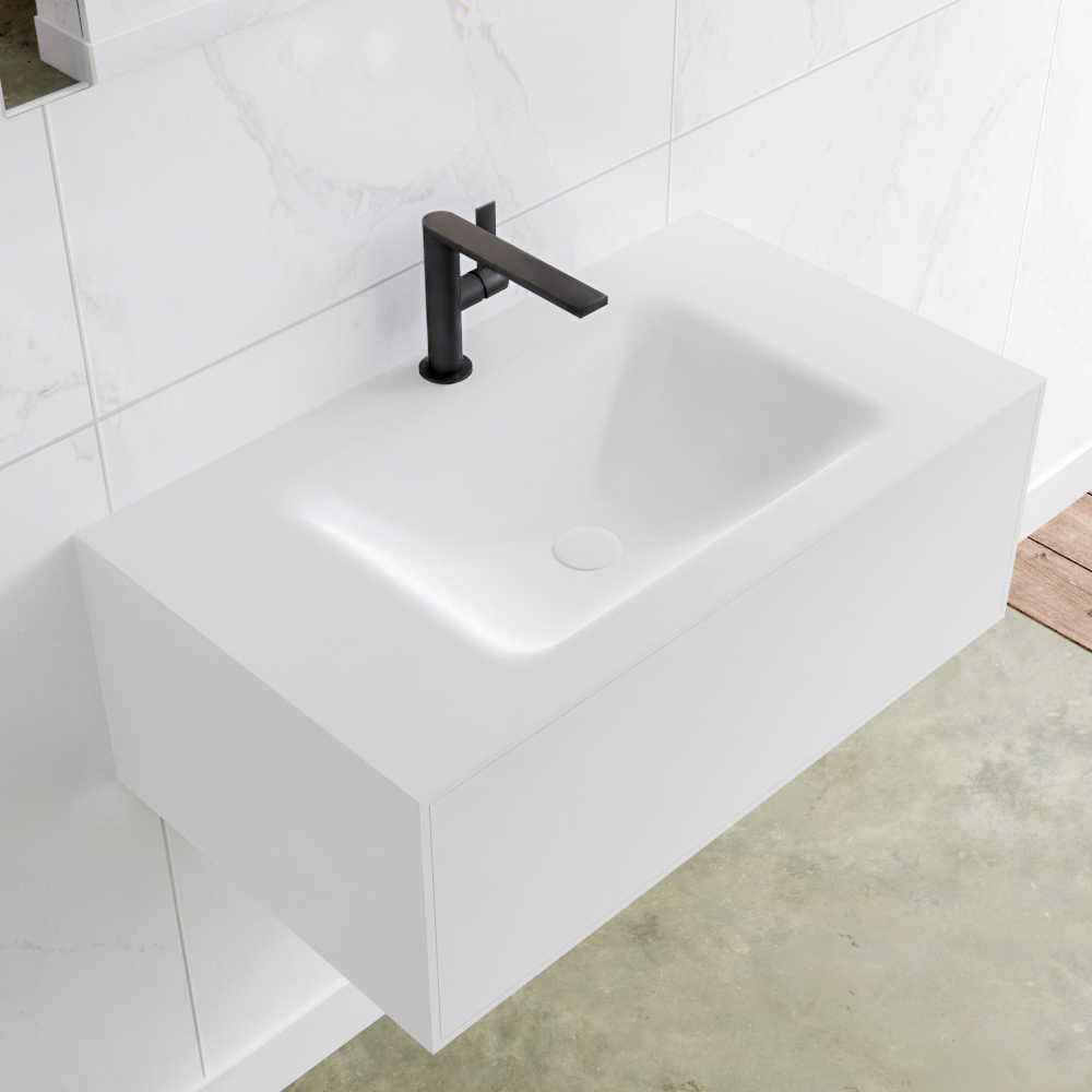 MONDIAZ LAGOM 80 badmeubel solid surface talc 1 lade CLOUD midden 1 kraangat