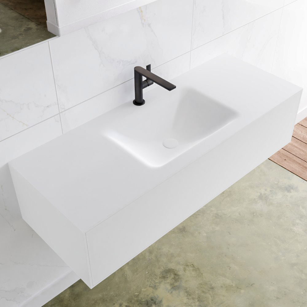 MONDIAZ LAGOM 120 badmeubel solid surface talc 1 lade CLOUD midden 1 kraangat