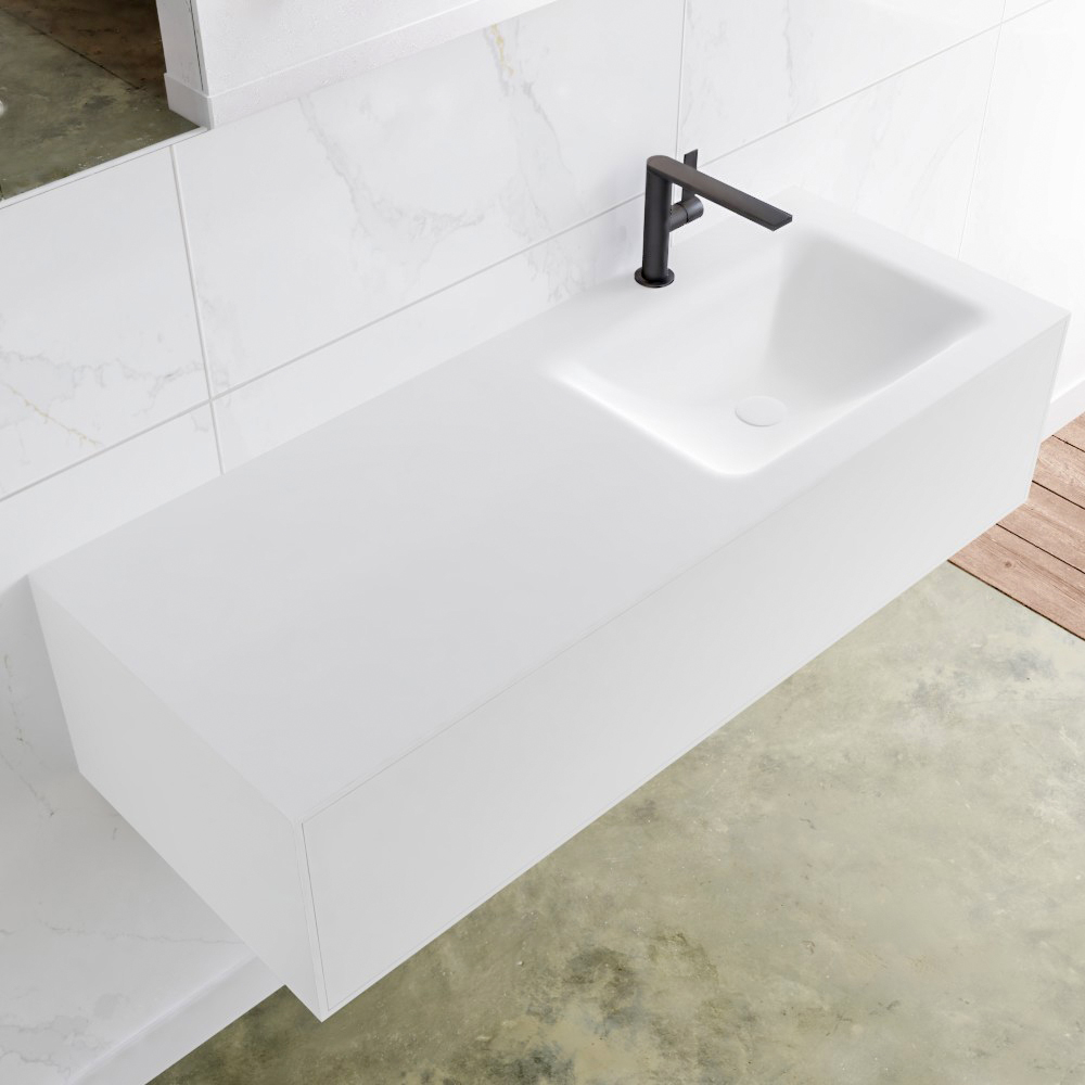 MONDIAZ LAGOM 120 badmeubel solid surface talc 1 lade CLOUD rechts 1 kraangat