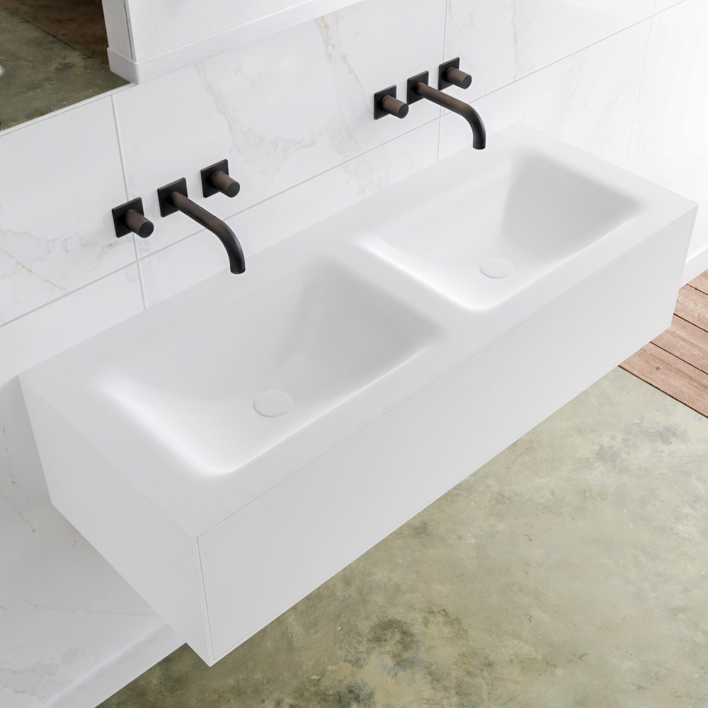 MONDIAZ LAGOM 120 badmeubel solid surface talc 1 lade CLOUD dubbel 0 kraangaten