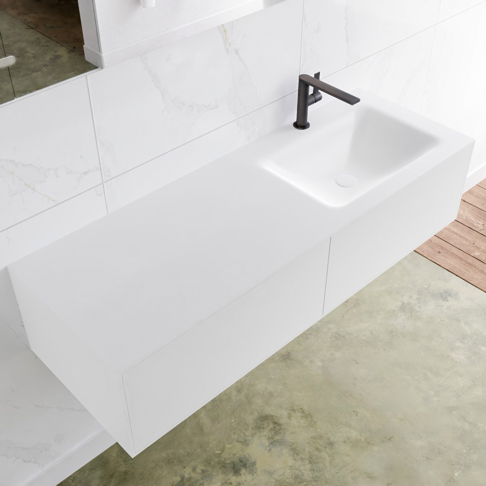 MONDIAZ LAGOM 130 badmeubel solid surface talc 2 lades CLOUD rechts 1 kraangat