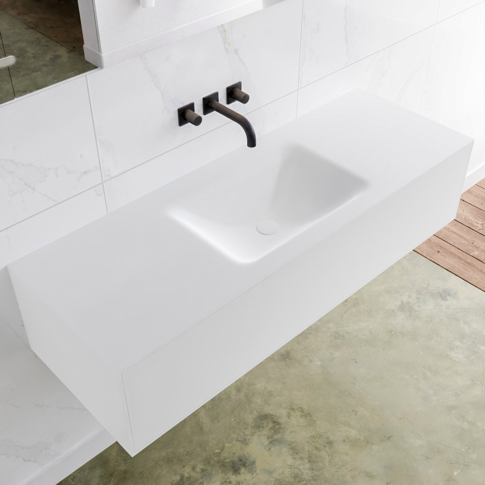 MONDIAZ LAGOM 130 badmeubel solid surface talc 1 lade CLOUD midden 0 kraangaten