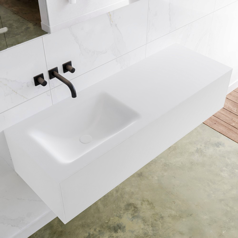 MONDIAZ LAGOM 130 badmeubel solid surface talc 1 lade CLOUD links 0 kraangaten