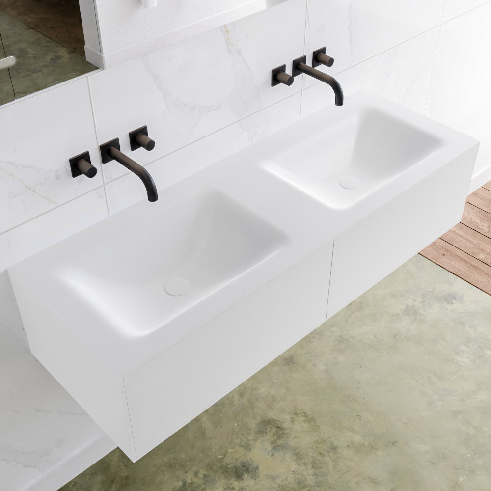 MONDIAZ LAGOM 130 badmeubel solid surface talc 2 lades CLOUD dubbel 0 kraangaten