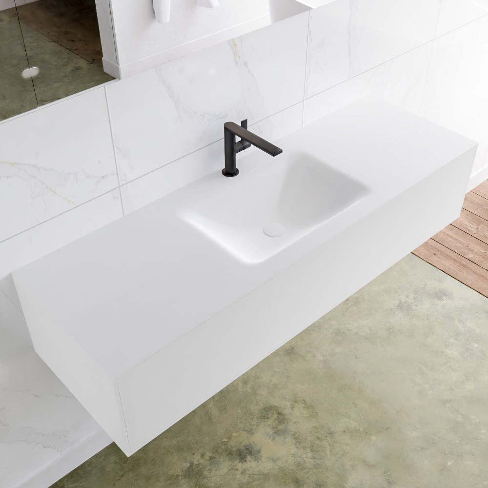 MONDIAZ LAGOM 140 badmeubel solid surface talc 1 lade CLOUD midden 1 kraangat