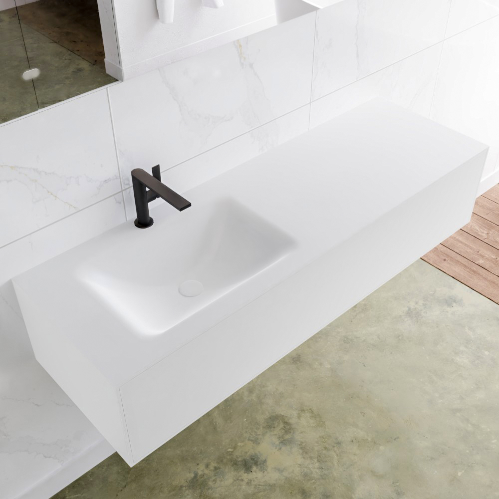 MONDIAZ LAGOM 140 badmeubel solid surface talc 1 lade CLOUD links 1 kraangat