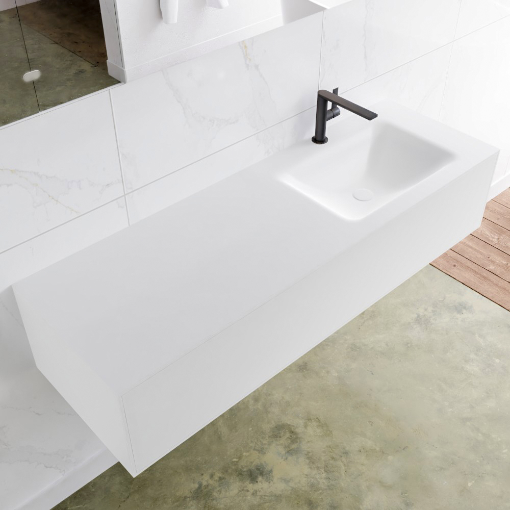 MONDIAZ LAGOM 140 badmeubel solid surface talc 1 lade CLOUD rechts 1 kraangat