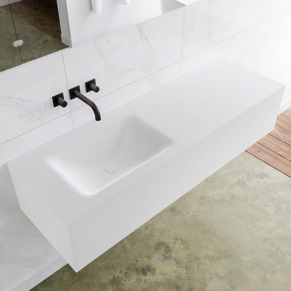 MONDIAZ LAGOM 140 badmeubel solid surface talc 1 lade CLOUD links 0 kraangaten