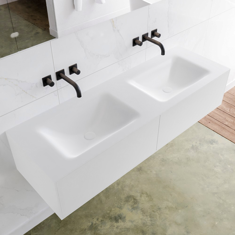 MONDIAZ LAGOM 140 badmeubel solid surface talc 2 lades CLOUD dubbel 0 kraangaten