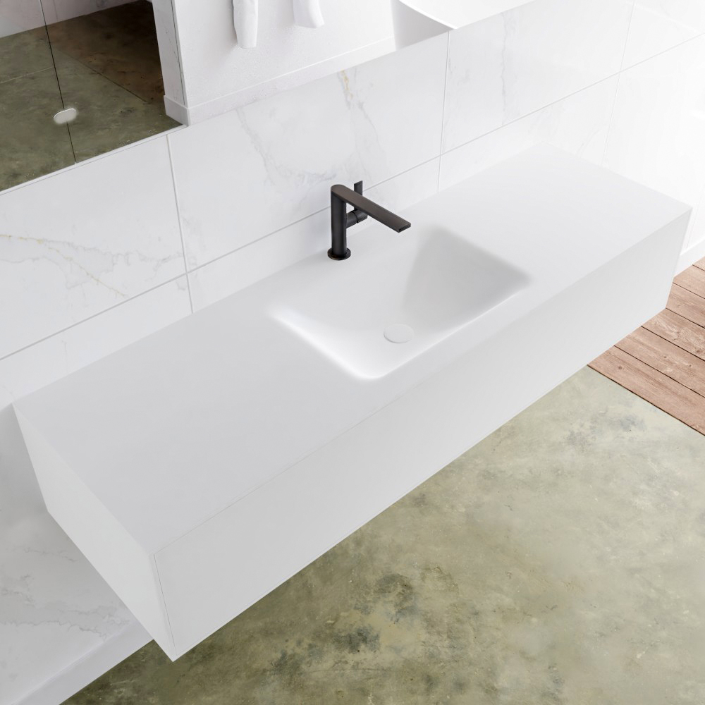 MONDIAZ LAGOM 150 badmeubel solid surface talc 1 lade CLOUD midden 1 kraangat
