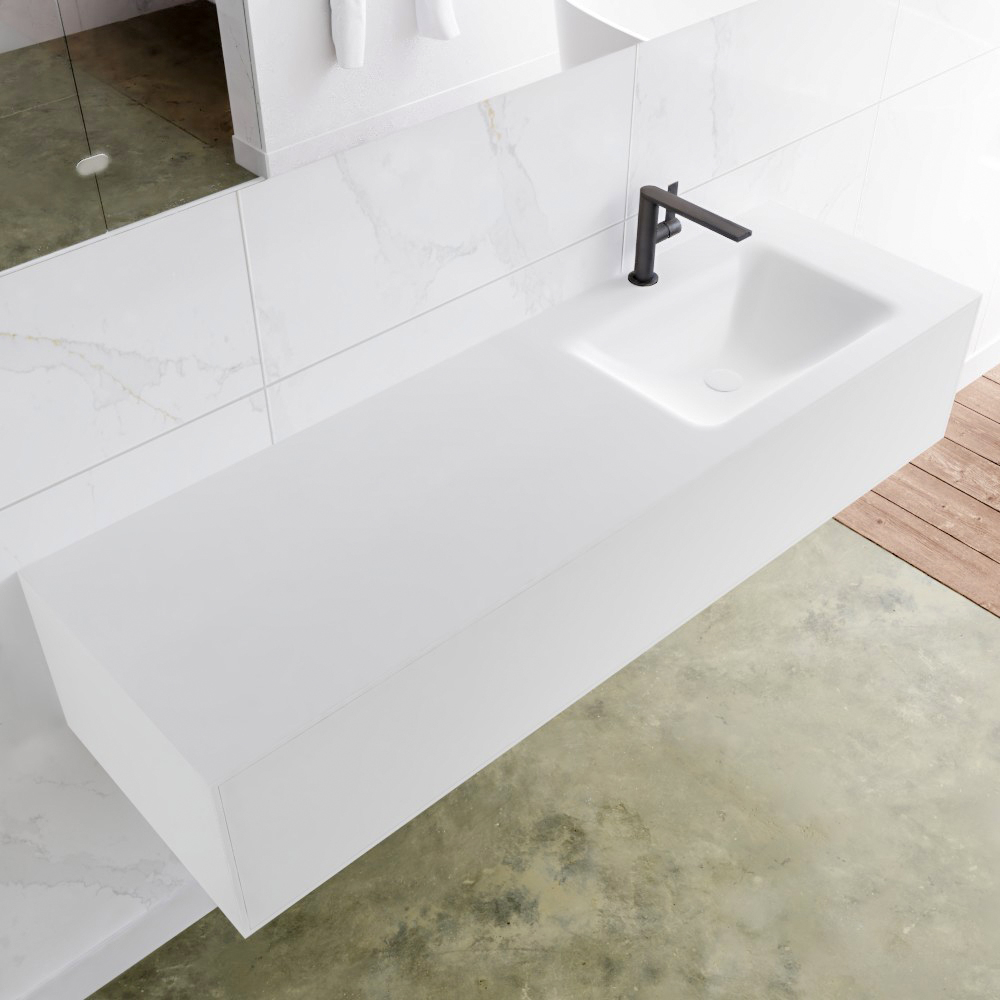 MONDIAZ LAGOM 150 badmeubel solid surface talc 1 lade CLOUD rechts 1 kraangat