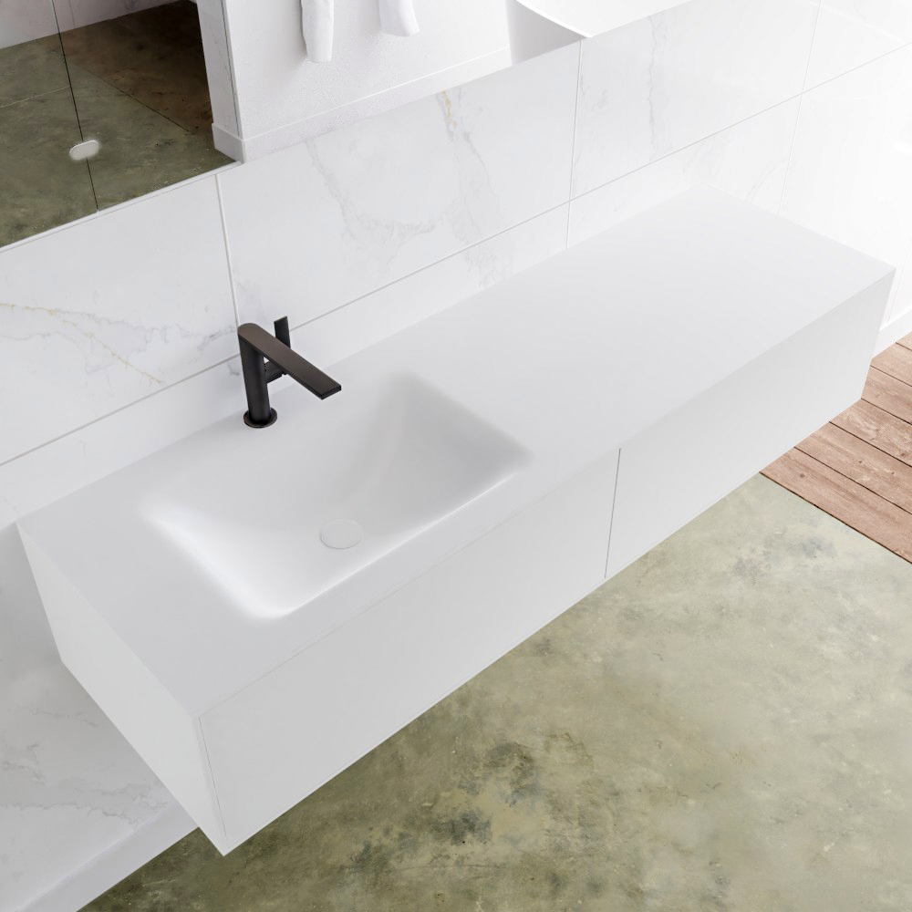 MONDIAZ LAGOM 150 badmeubel solid surface talc 2 lades CLOUD links 1 kraangat