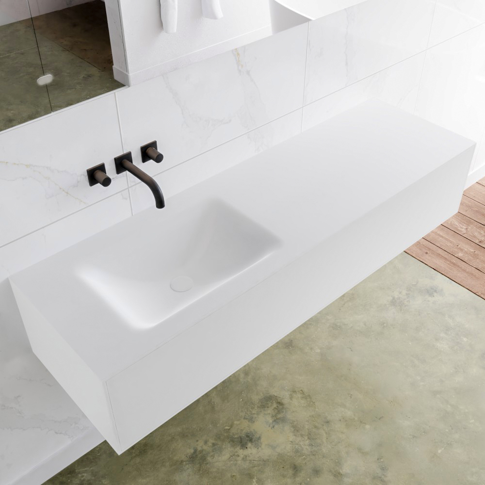 MONDIAZ LAGOM 150 badmeubel solid surface talc 1 lade CLOUD links 0 kraangaten