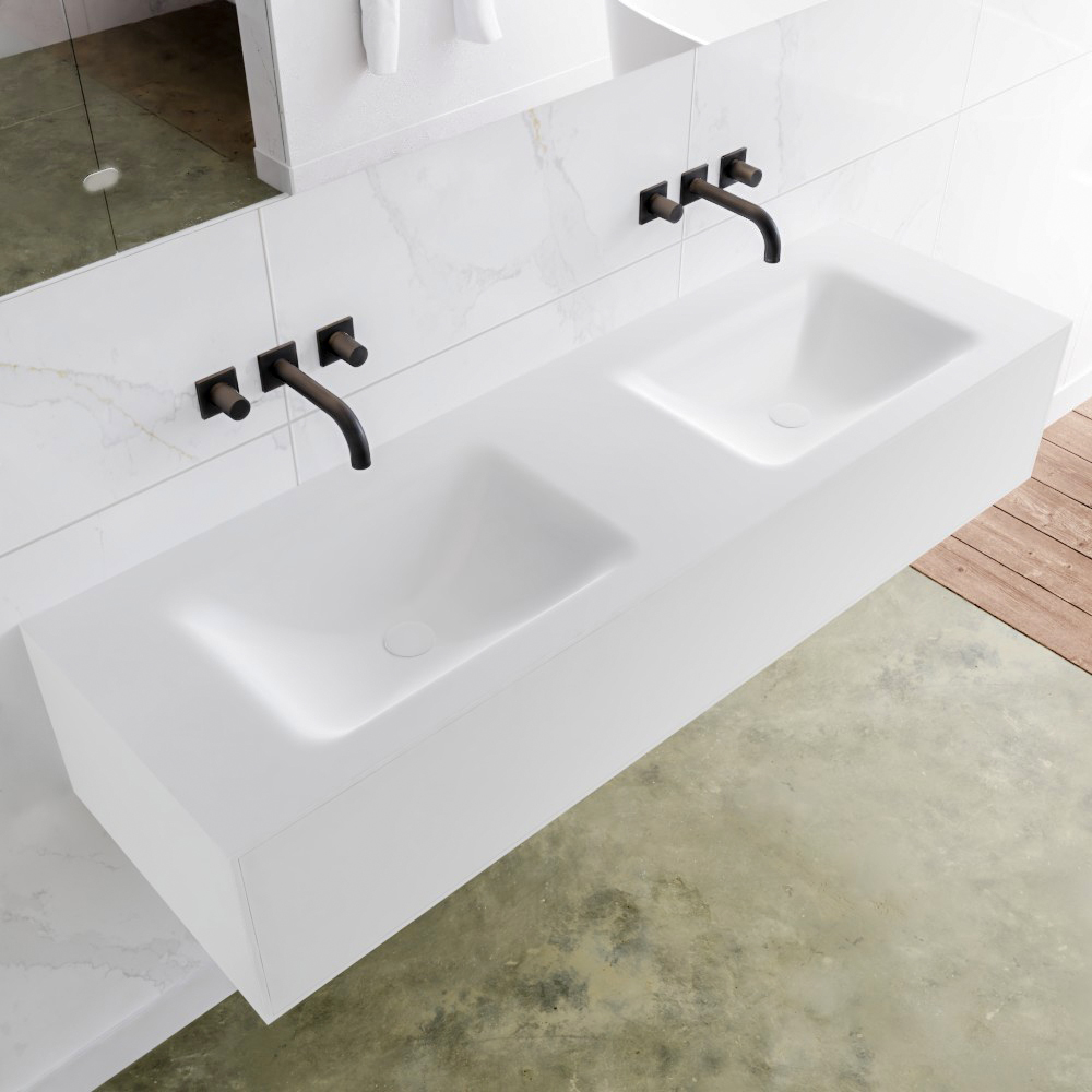 MONDIAZ LAGOM 150 badmeubel solid surface talc 1 lade CLOUD dubbel 0 kraangaten