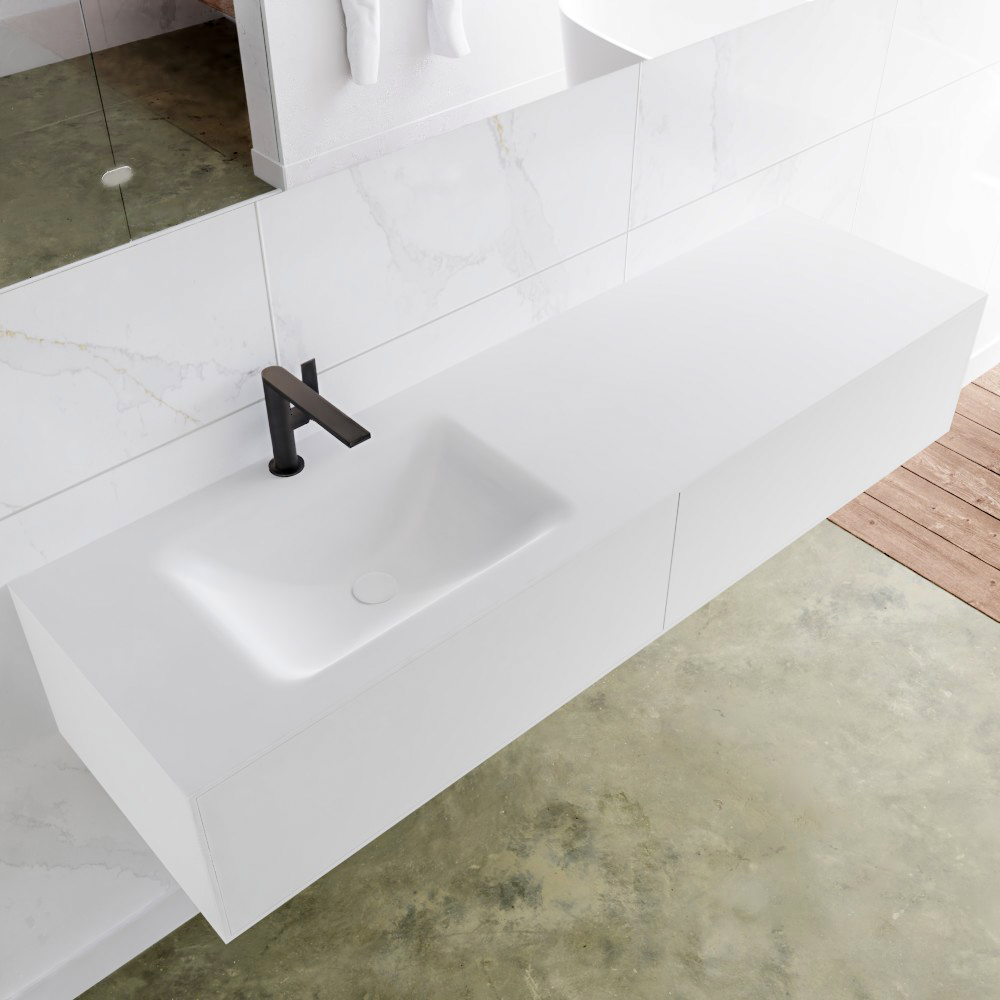 MONDIAZ LAGOM 160 badmeubel solid surface talc 2 lades CLOUD links 1 kraangat