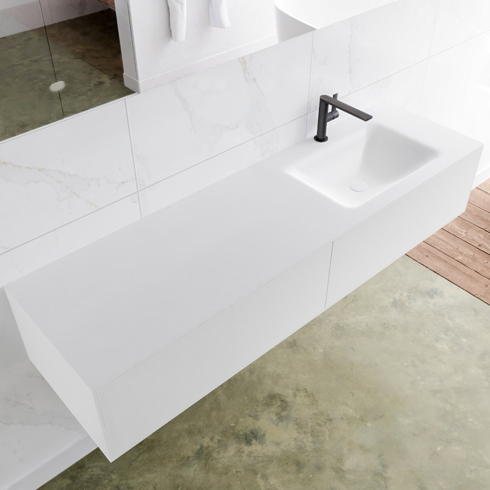 MONDIAZ LAGOM 160 badmeubel solid surface talc 2 lades CLOUD rechts 1 kraangat