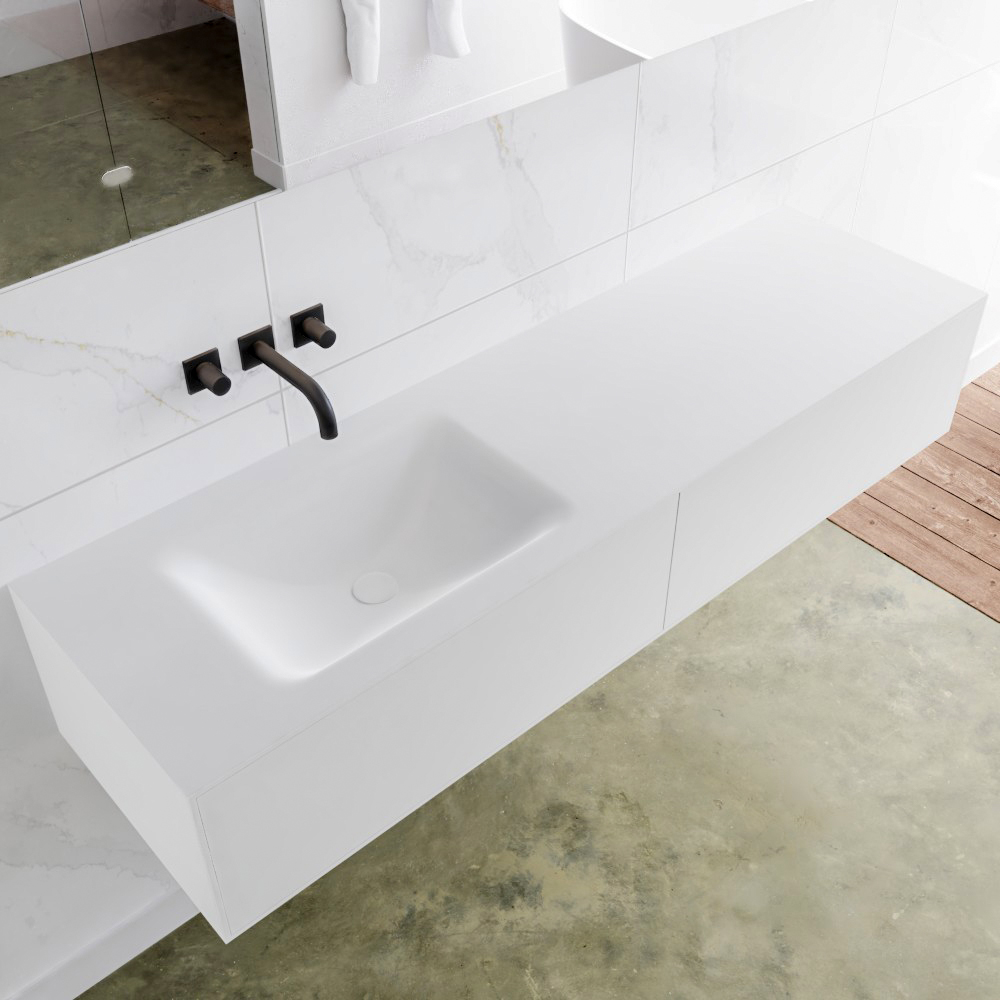 MONDIAZ LAGOM 160 badmeubel solid surface talc 2 lades CLOUD links 0 kraangaten