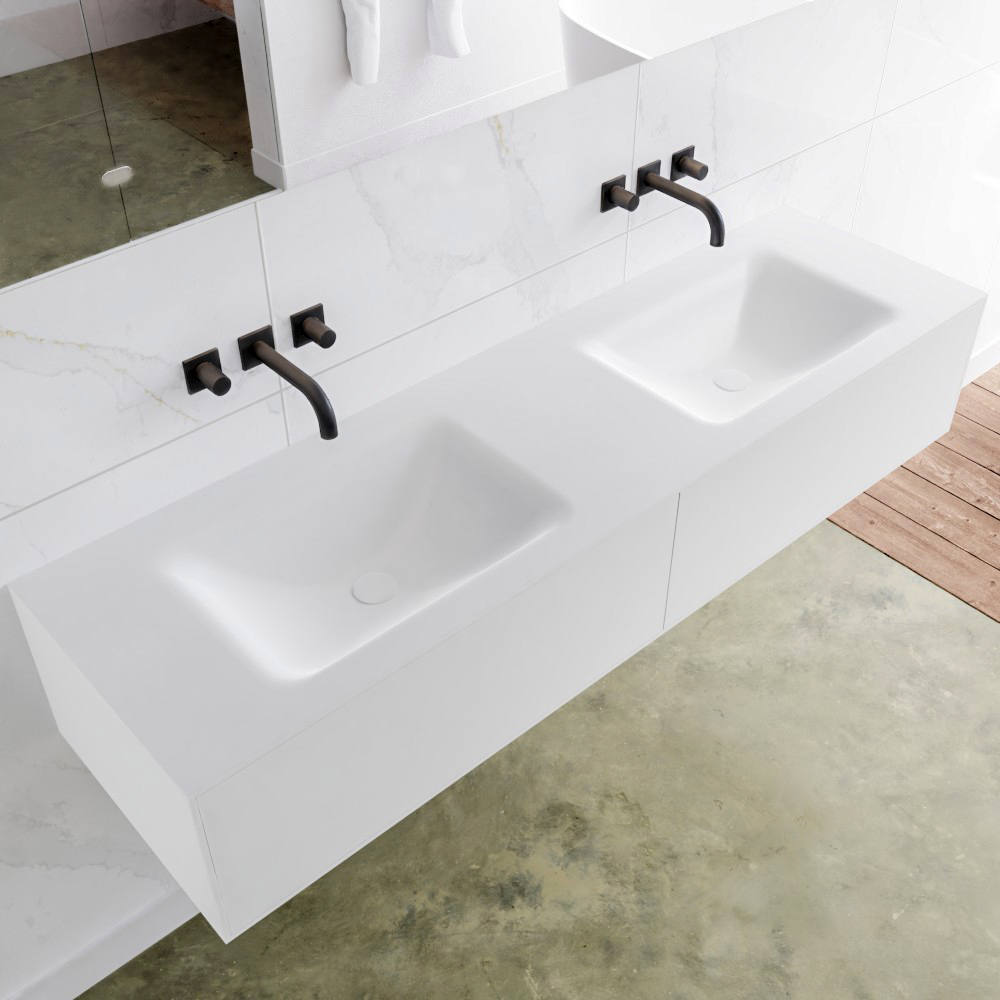 MONDIAZ LAGOM 160 badmeubel solid surface talc 2 lades CLOUD dubbel 0 kraangaten