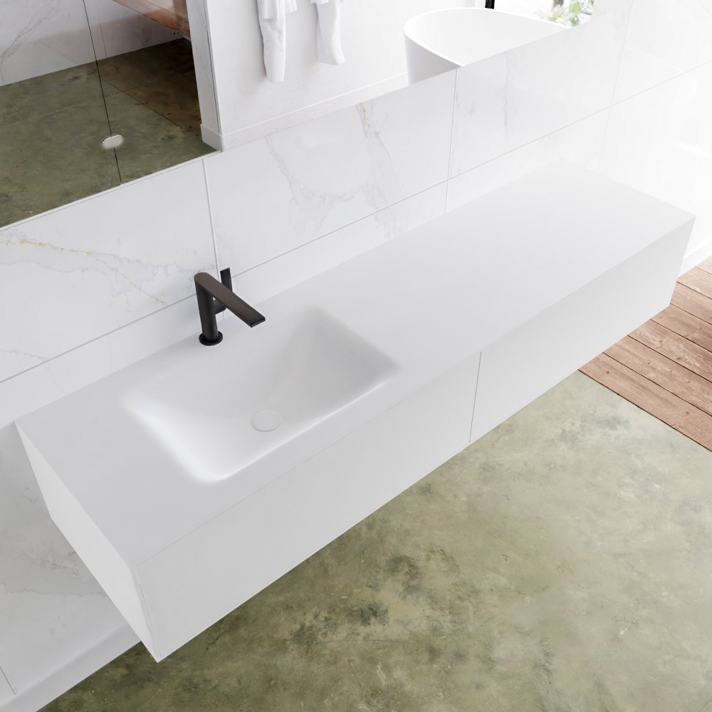 MONDIAZ LAGOM 170 badmeubel solid surface talc 2 lades CLOUD links 1 kraangat