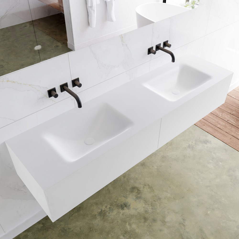 MONDIAZ LAGOM 170 badmeubel solid surface talc 2 lades CLOUD dubbel 0 kraangaten