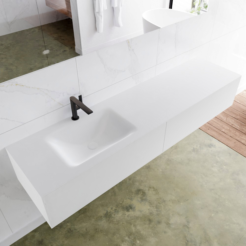 MONDIAZ LAGOM 180 badmeubel solid surface talc 2 lades CLOUD links 1 kraangat