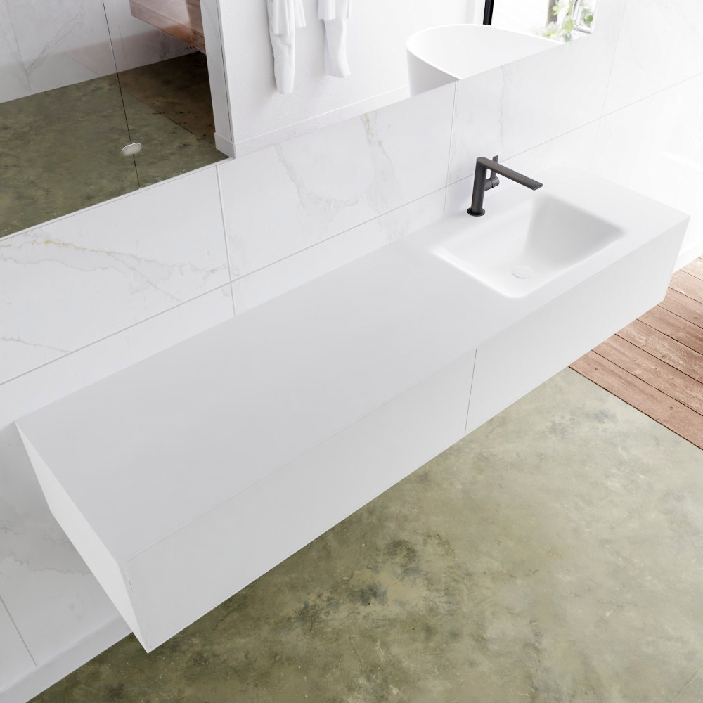 MONDIAZ LAGOM 180 badmeubel solid surface talc 2 lades CLOUD rechts 1 kraangat