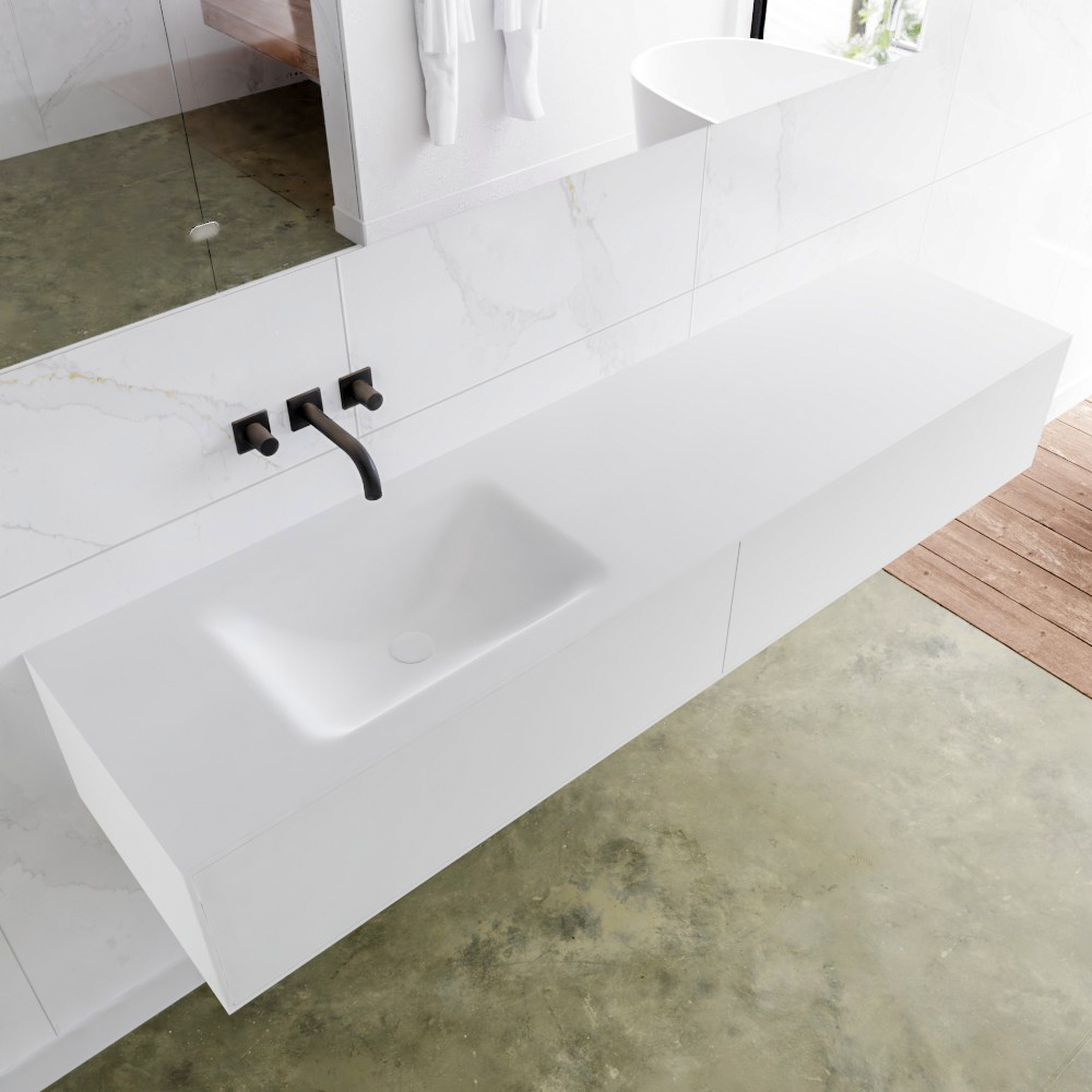 MONDIAZ LAGOM 180 badmeubel solid surface talc 2 lades CLOUD links 0 kraangaten