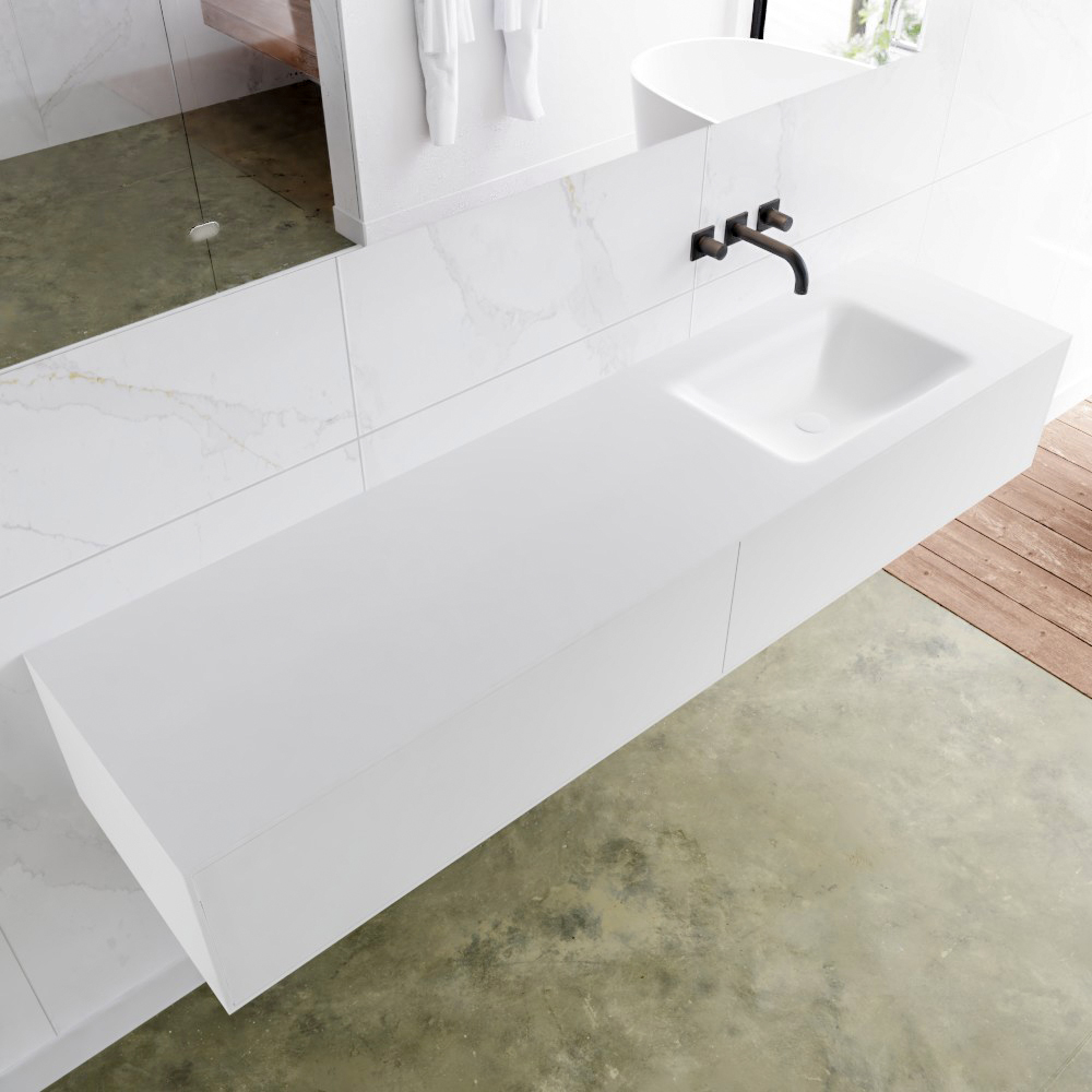 MONDIAZ LAGOM 180 badmeubel solid surface talc 2 lades CLOUD rechts 0 kraangaten