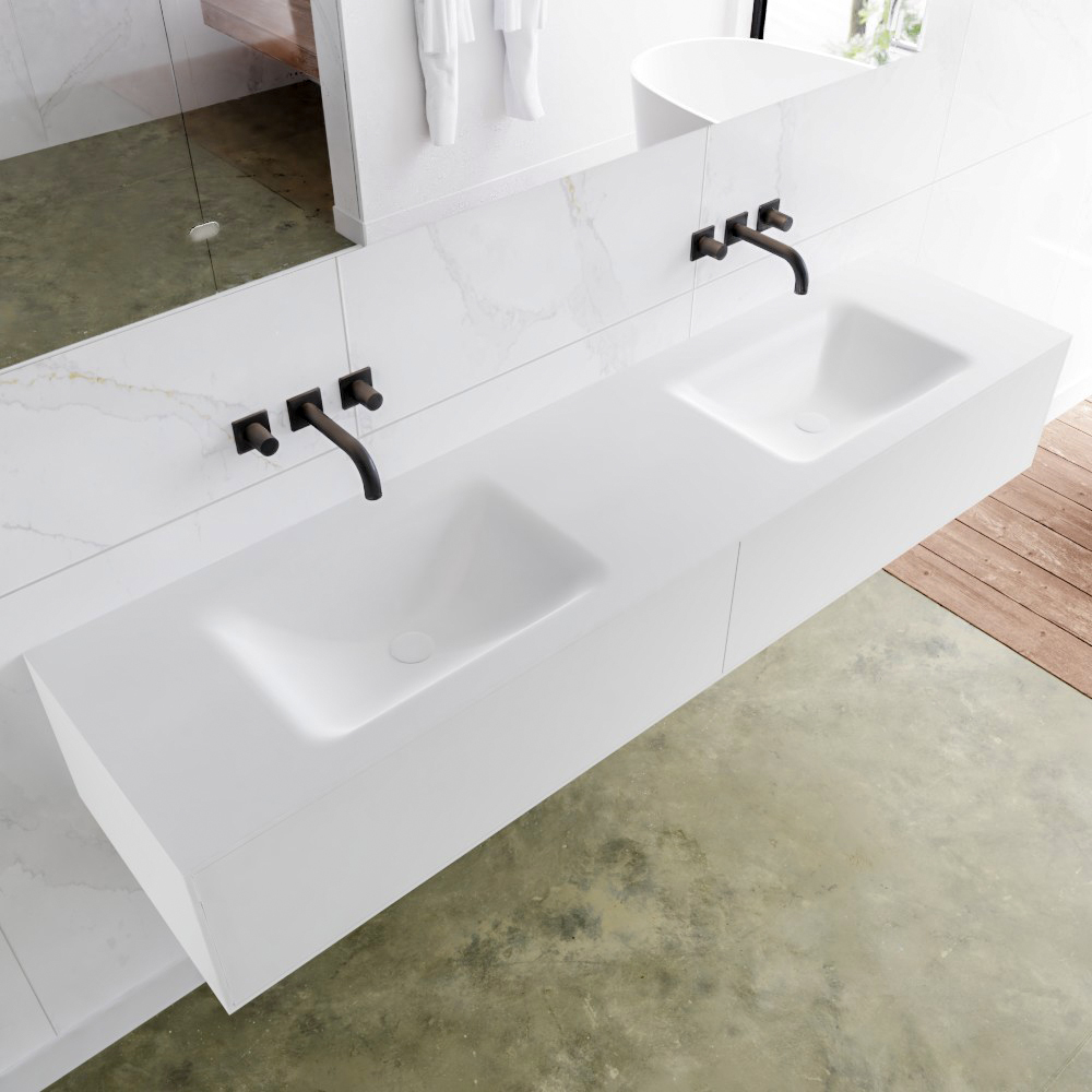 MONDIAZ LAGOM 180 badmeubel solid surface talc 2 lades CLOUD dubbel 0 kraangaten